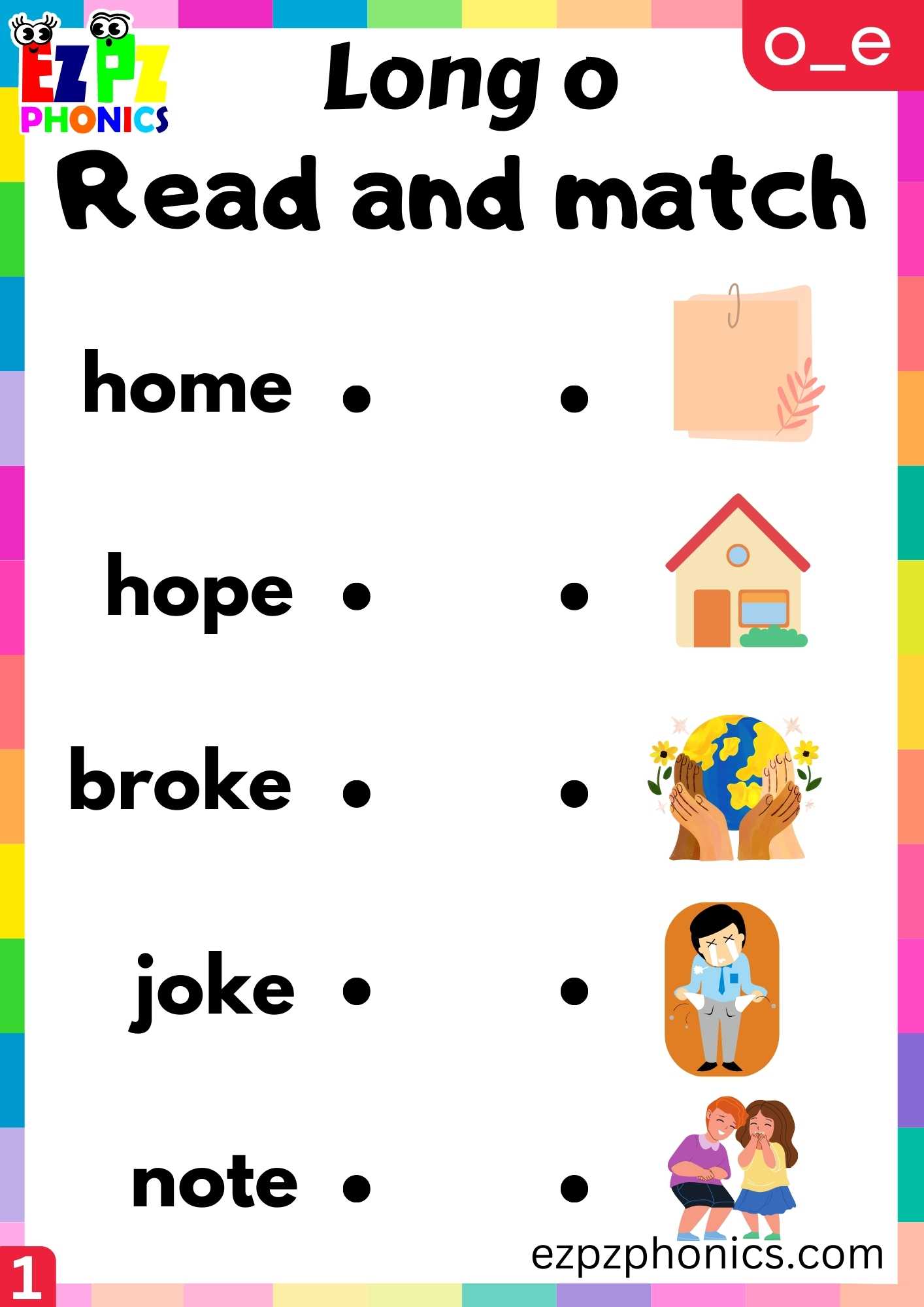 Group1 O_E Words Read And Match Long O Phonics Worksheet